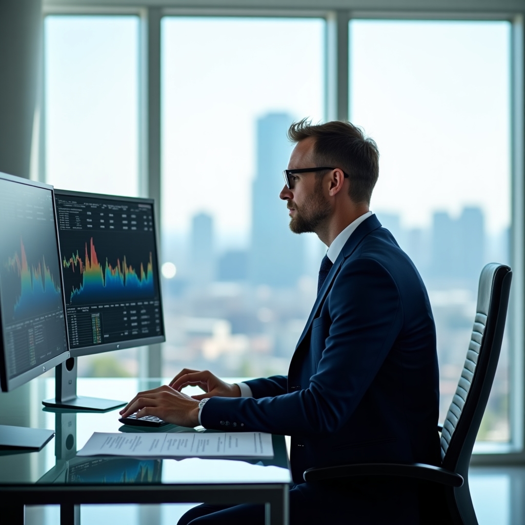 Finanzanalyst bei der Arbeit mit Dashboards und Diagrammen